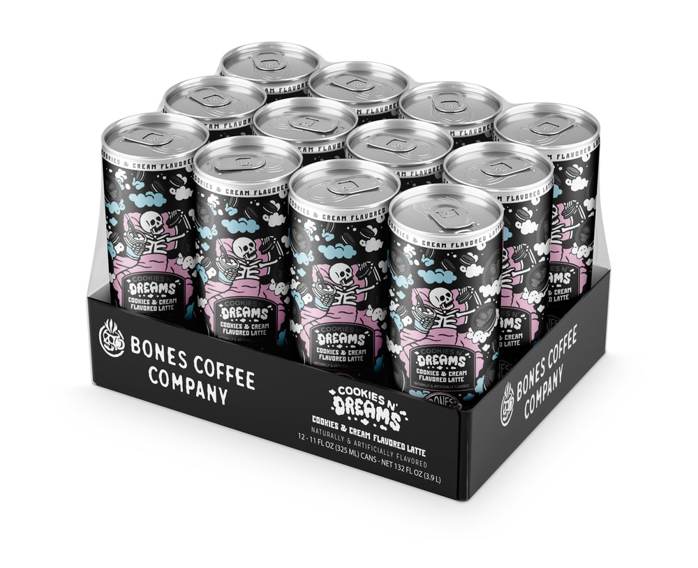Bones Coffee Cookies N' Dreams Latte glass serving, ideal for at-home indulgence.