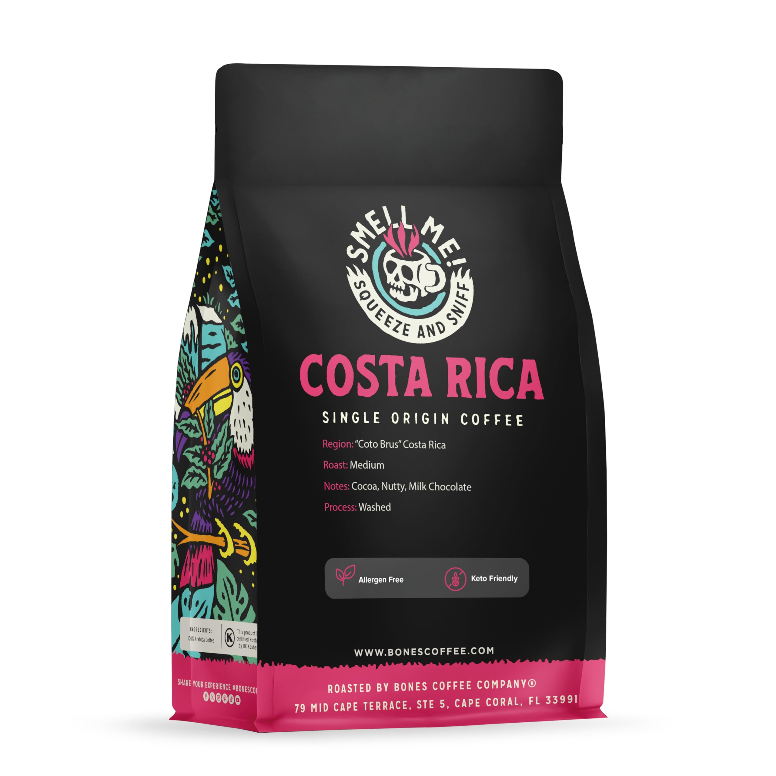 Bones Coffee Costa Rica cocoa nutty milk chocolate notes in a cup visual.