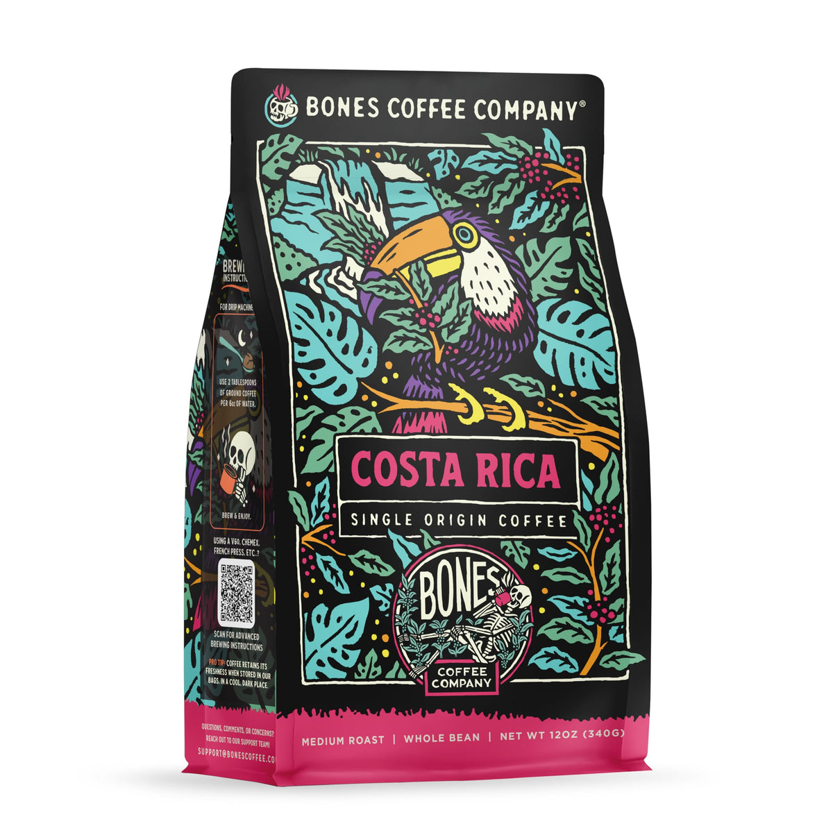 Bones Coffee Costa Rica single-origin bag showcases premium packaging for fresh flavor.