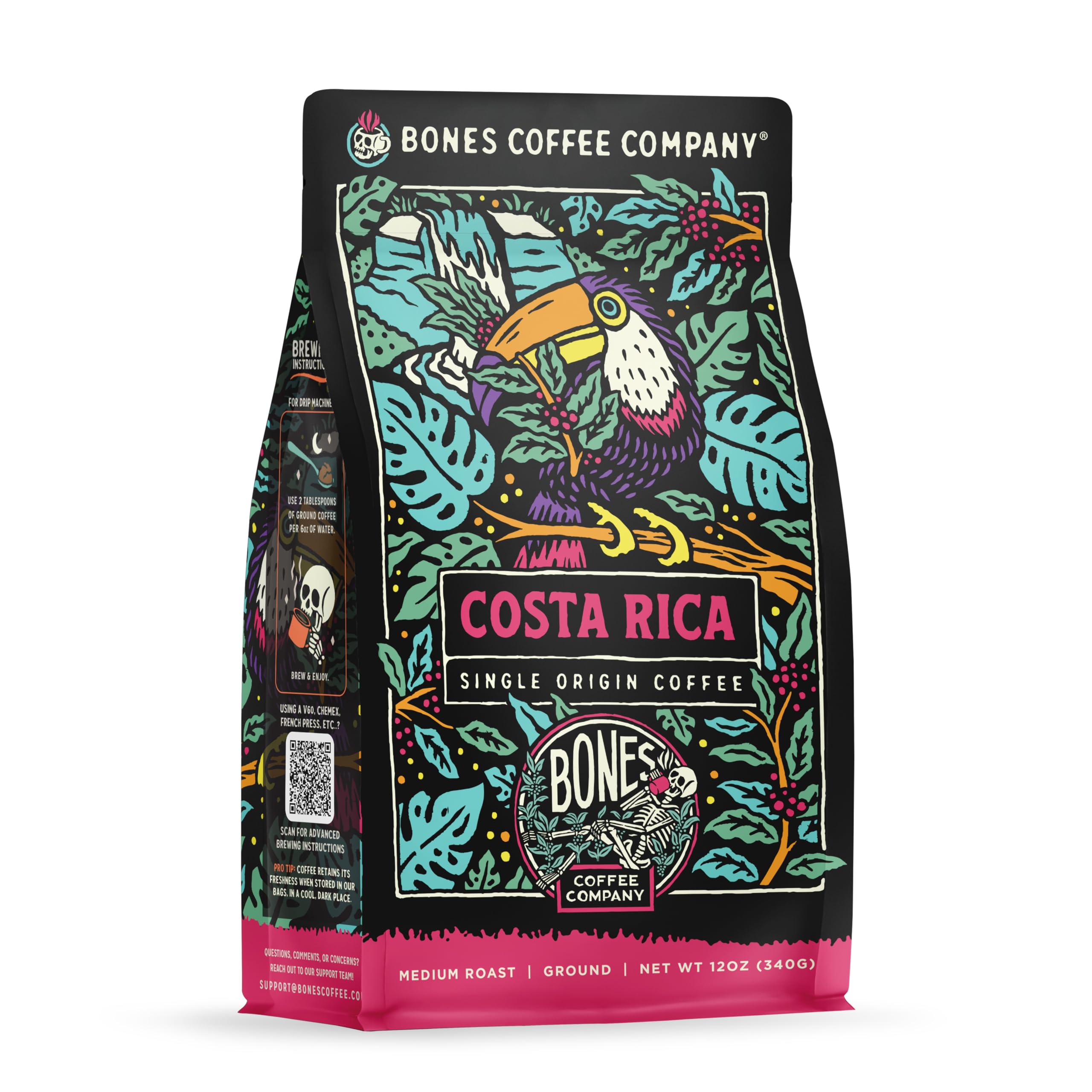 Bones Coffee Costa Rica single-origin mountain harvest, bright aroma for morning pour-overs.