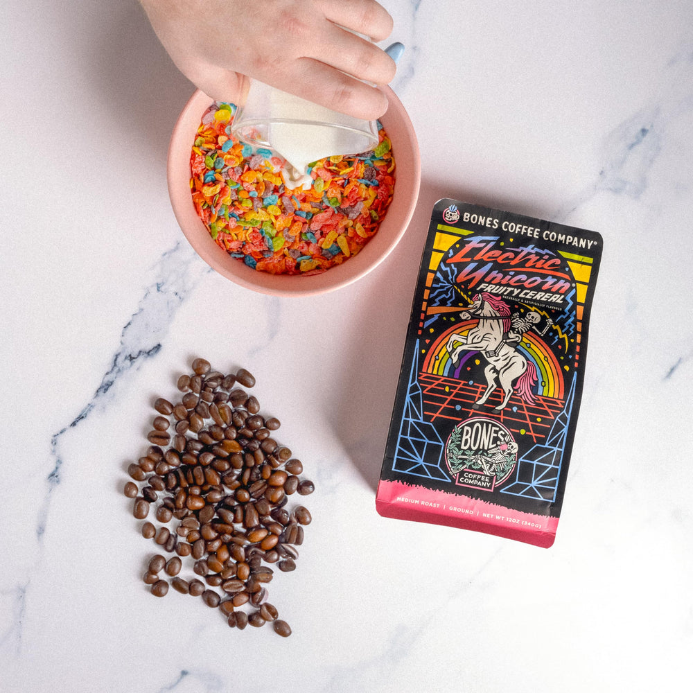 Bones Coffee Electric Unicorn bag-open scene highlights resealable freshness.