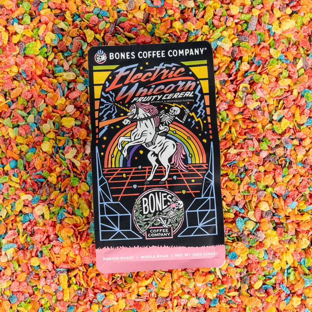 Bones Coffee Electric Unicorn unicorn illustration adds playful branding to the moment.