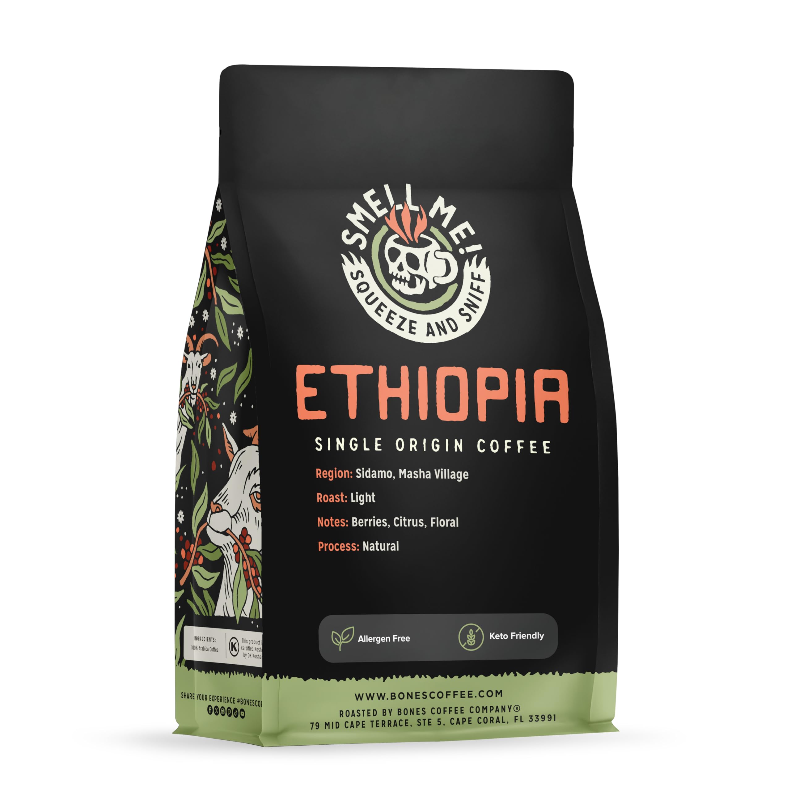 Bones Coffee Ethiopia citrus, floral, and berry notes aroma.