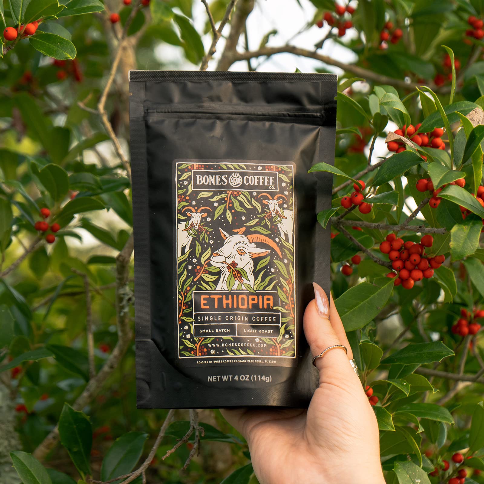 Bones Coffee Ethiopia beans with floral notes for a vibrant brew.