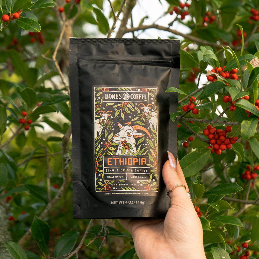 Bones Coffee Ethiopia beans with floral notes for a vibrant brew.