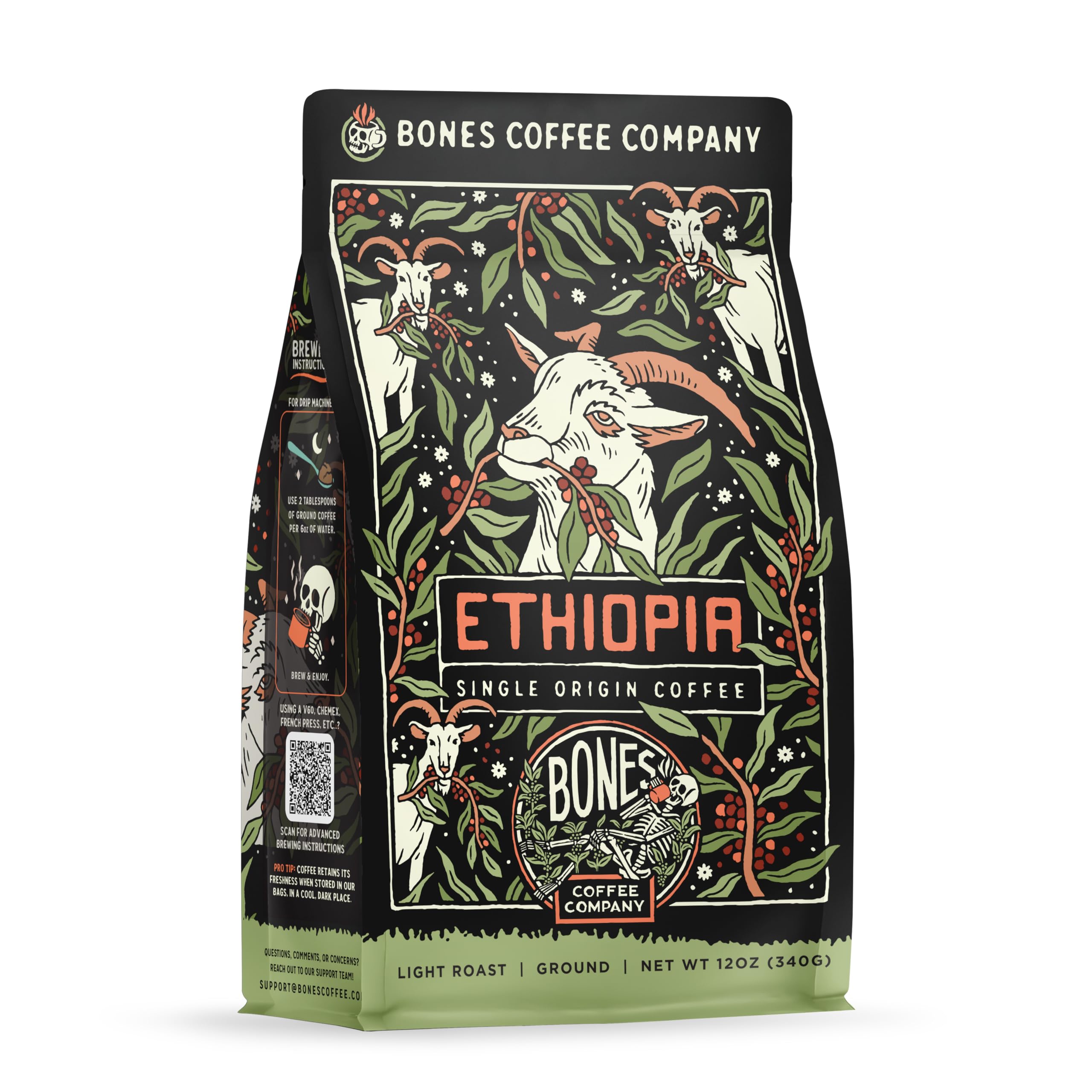 Bones Coffee Ethiopia ground coffee bag for auto drip brewing.