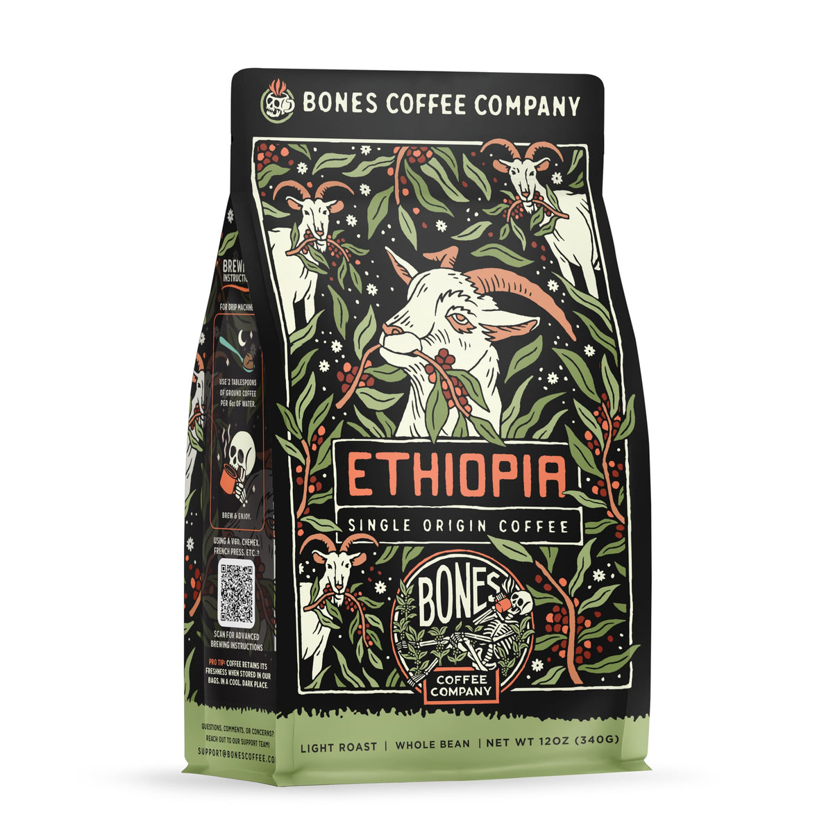 Bones Coffee Ethiopia single-origin bag, rich citrus and berry notes for a bright brew