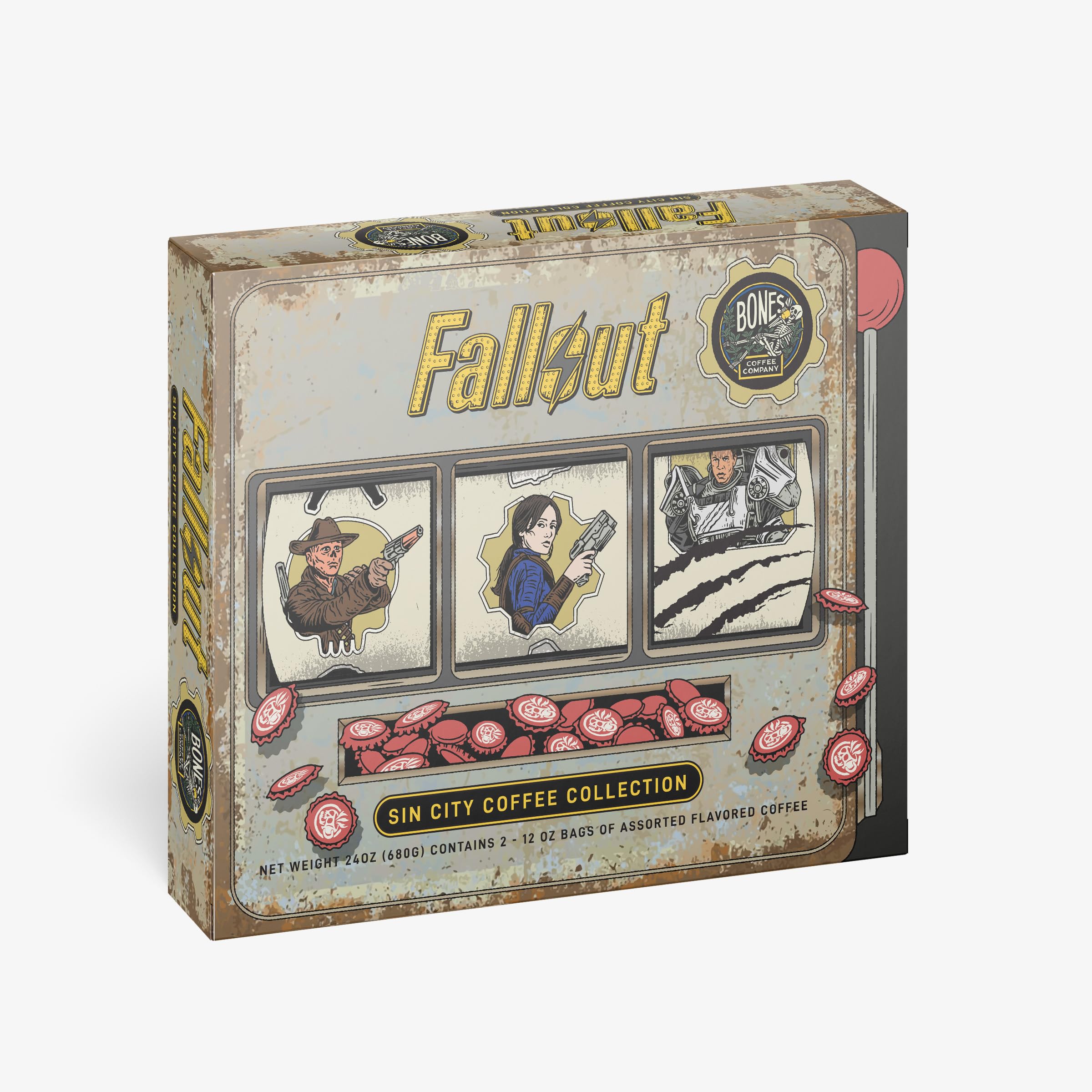 Bones Coffee Company Fallout Sin City collector box front with bold branding.