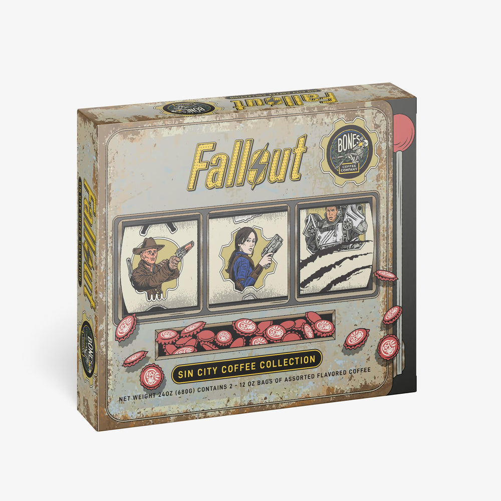 Bones Coffee Company Fallout Sin City collector box front with bold branding.