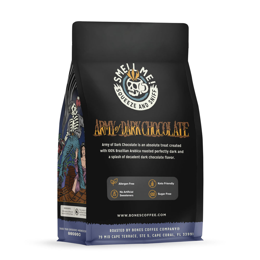 Bones Coffee ground Army Dark Chocolate ready for easy auto drip brewing