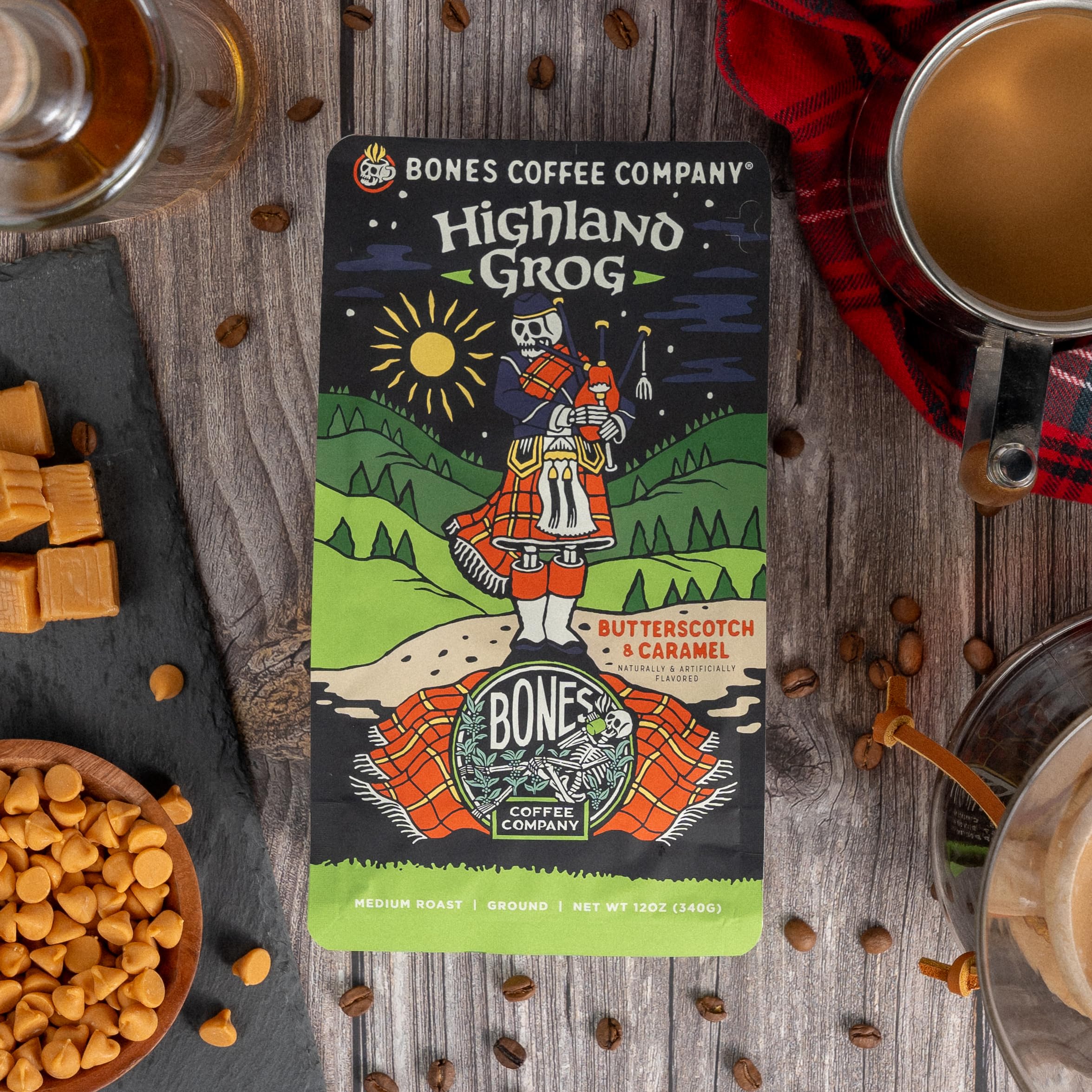 Bones Coffee Highland Grog butterscotch-caramel flavor note enhances morning coffee