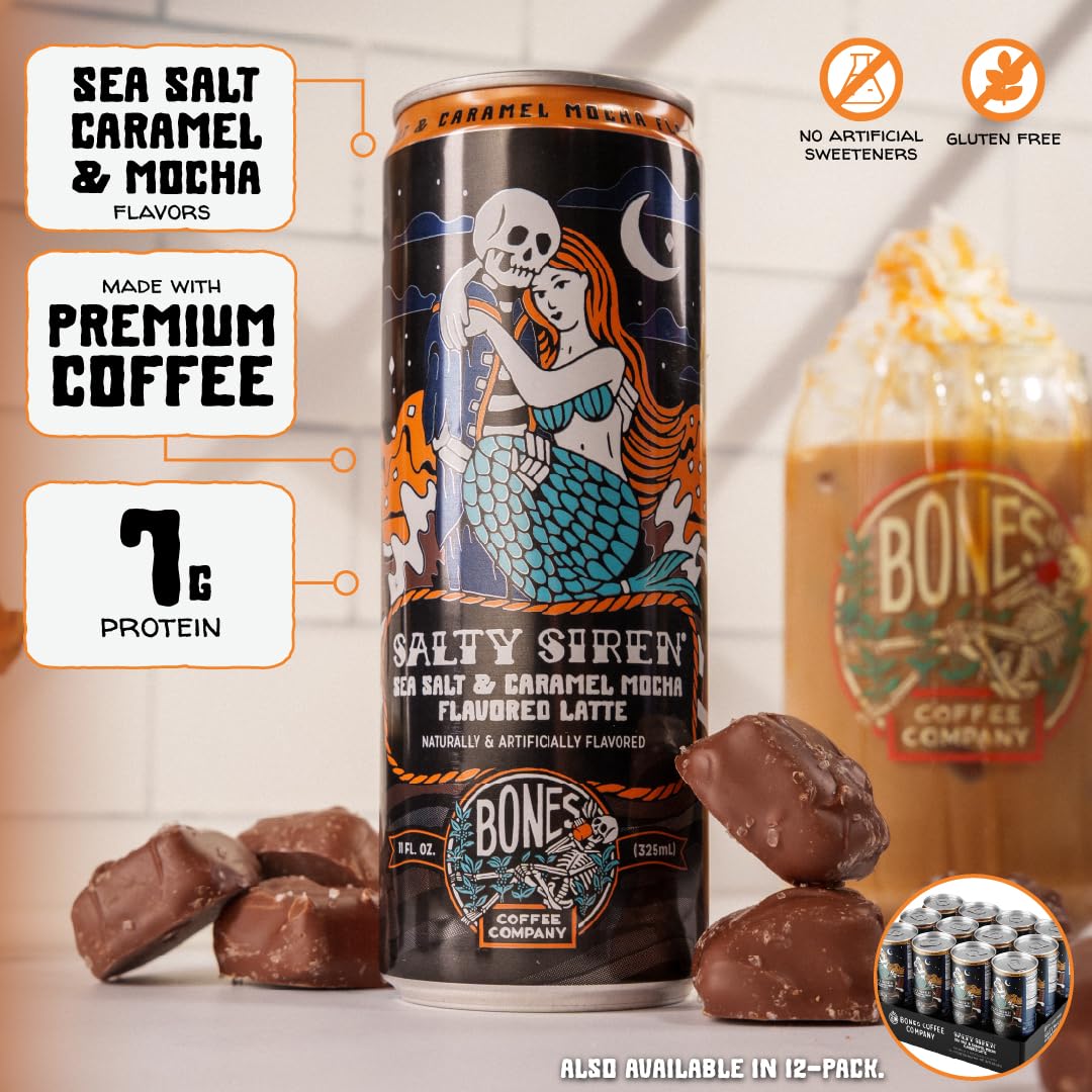 Bones Coffee Salty Siren Latte can back, features flavor notes and USA-roasted beans.