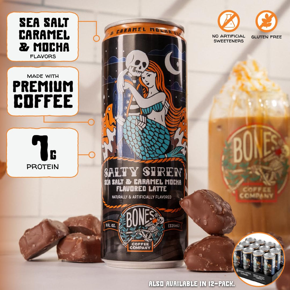 Bones Coffee Salty Siren Latte can back, features flavor notes and USA-roasted beans.