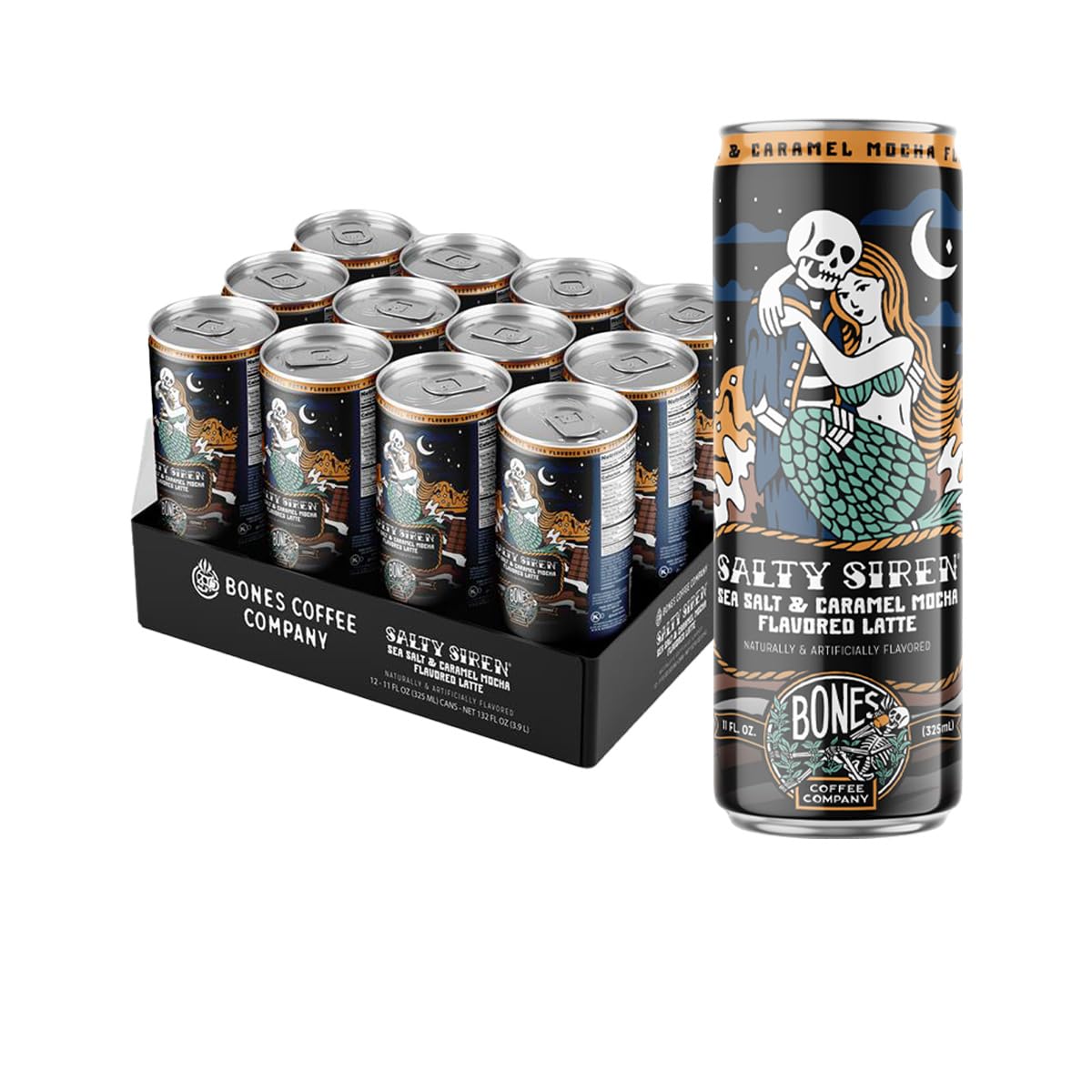 Bones Coffee Salty Siren Latte can front, ready-to-drink convenience for busy days.