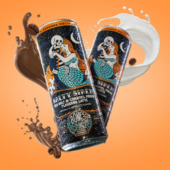 Bones Coffee Salty Siren Latte close-up, creamy caramel chocolate sea salt detail.