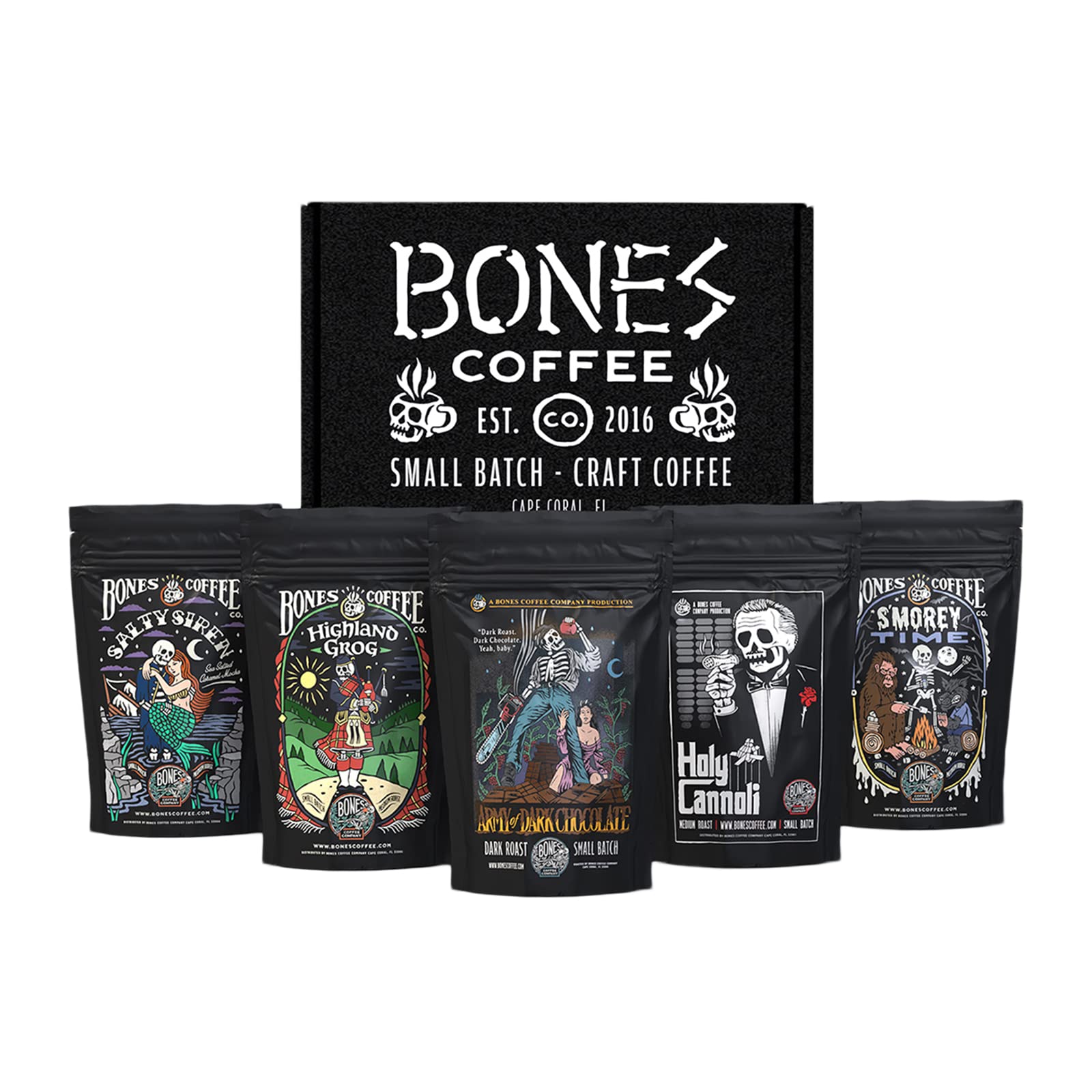 Bones Coffee sampler pack front view showing five flavors for exploration