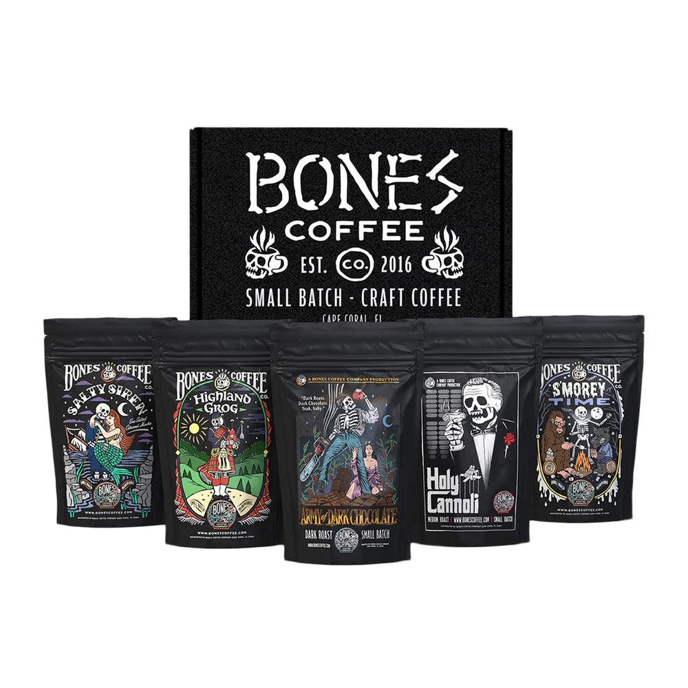 Bones Coffee sampler pack front view showing five flavors for exploration