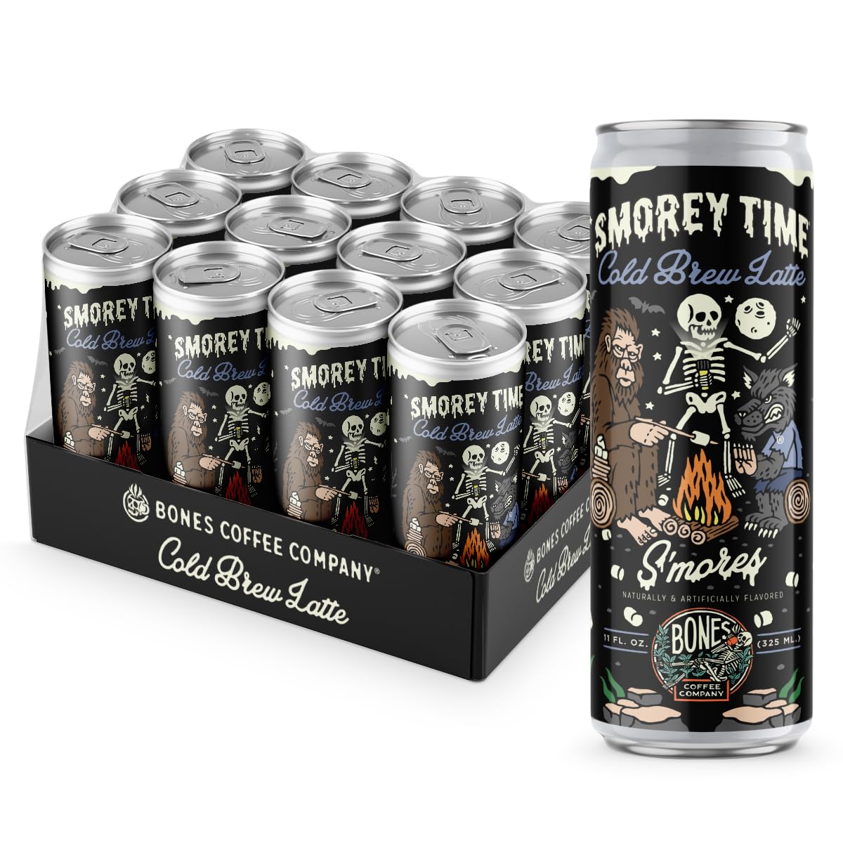 Bones Coffee S'morey Time Latte can front highlights campfire-inspired flavor for on-the-go indulgence