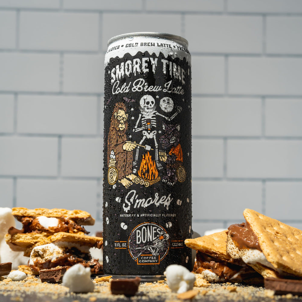 Bones Coffee S'morey Time Latte liquid pour reveals rich chocolate and marshmallow aroma