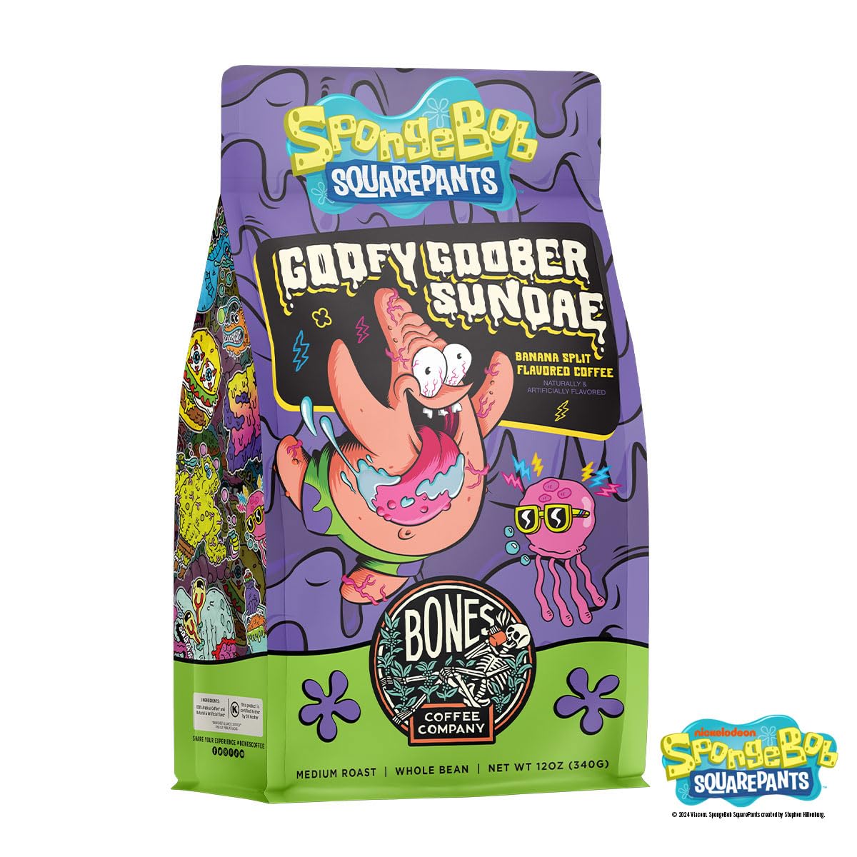 Bones Coffee Spongebob Goofy Goober Sundae beans closeup shows premium arabica quality