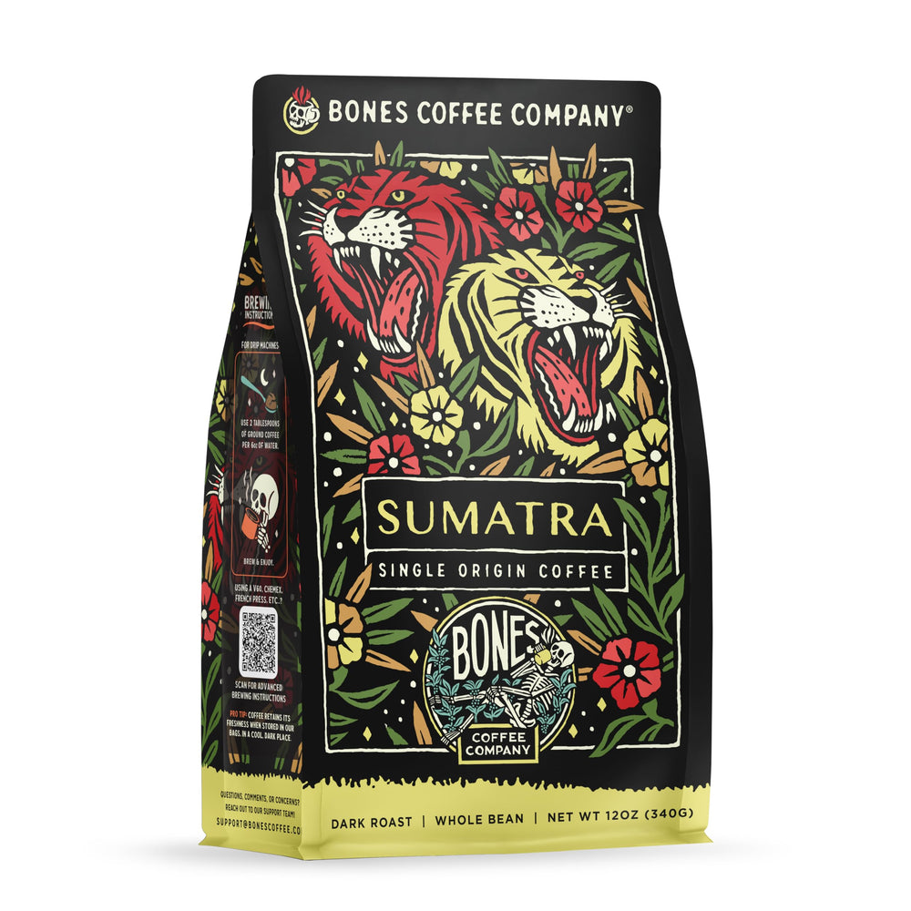 Bones Coffee Sumatra single-origin bag highlighting rich flavor and aroma