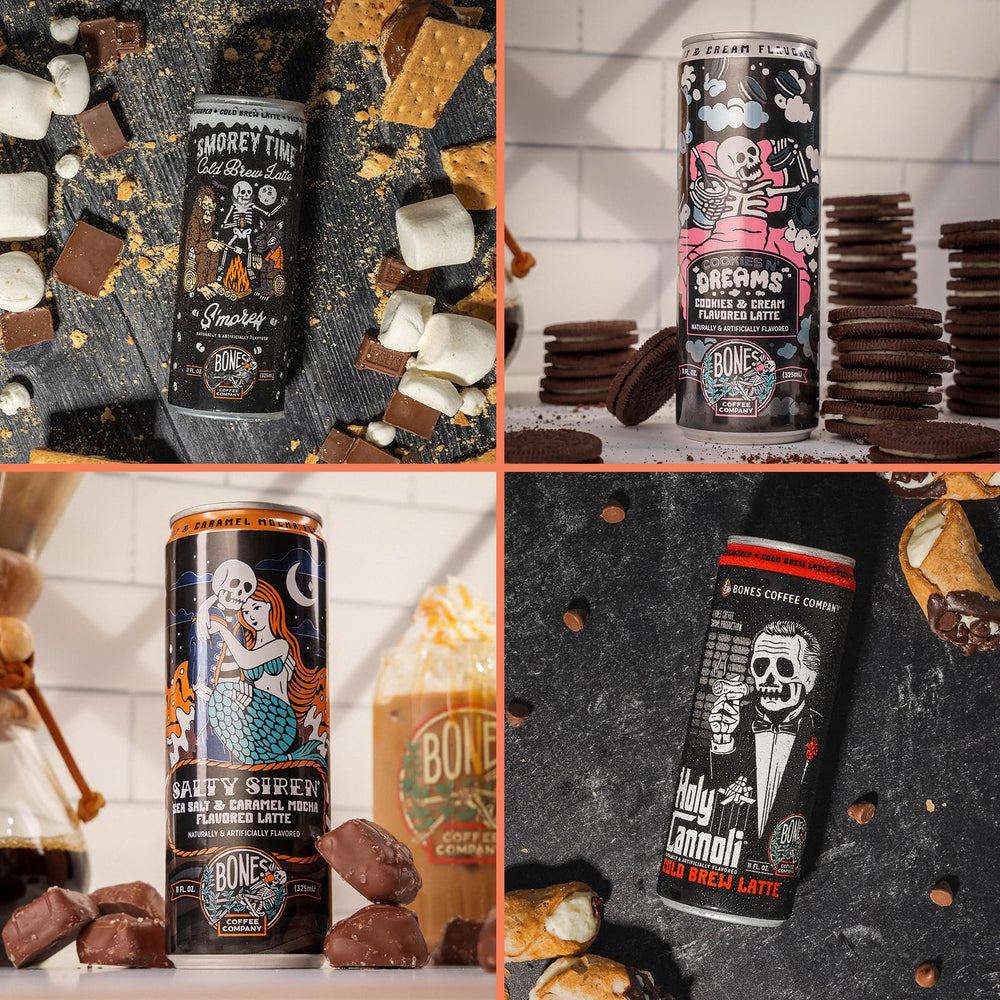 Bones Coffee packaging shows a full 12-pack for quick selection.