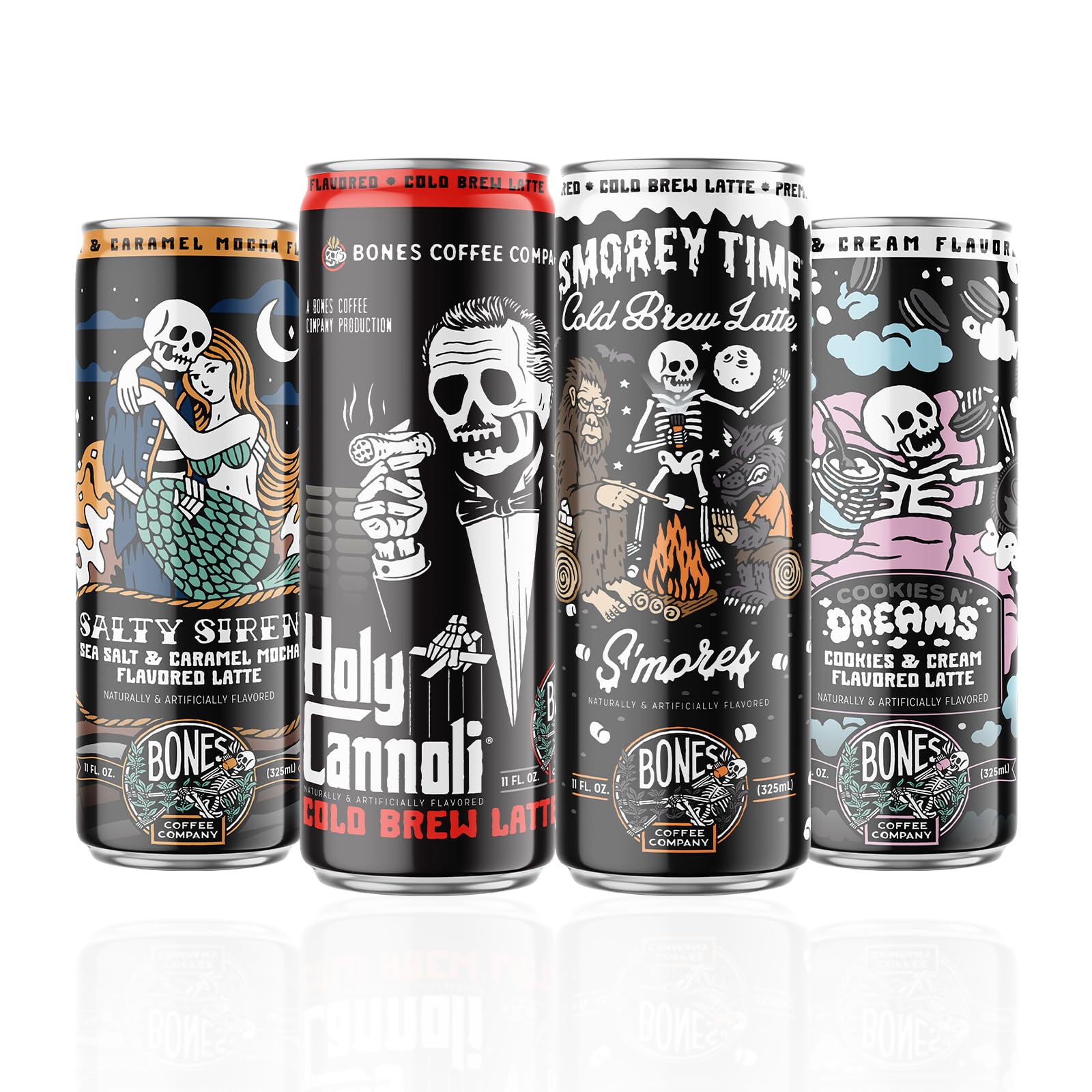 Bones Coffee variety-pack cans ideal for travel, commutes, or lunch breaks.