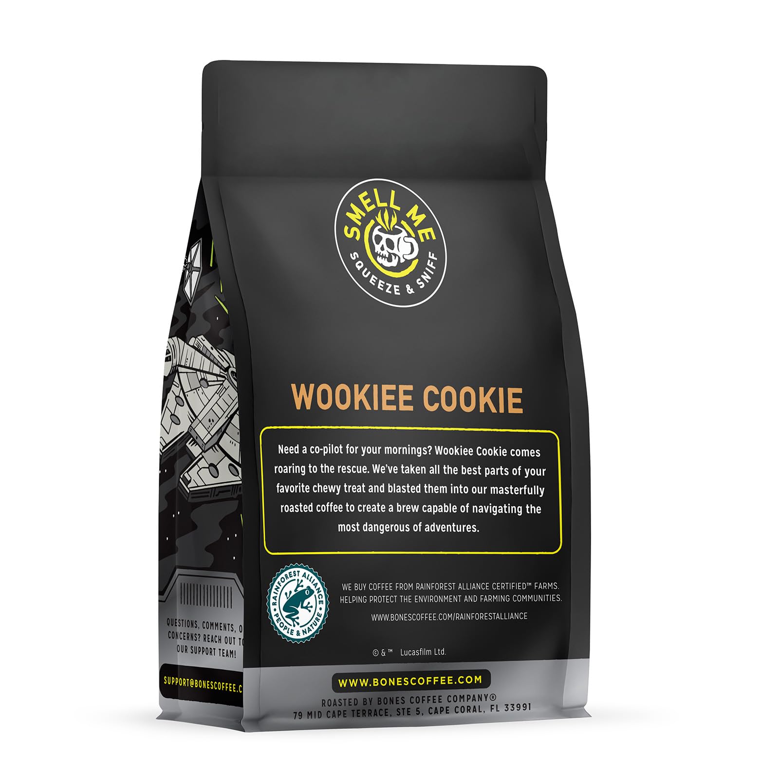 Bones Coffee Wookiee Cookie ground coffee in a resealable bag preserves freshness.