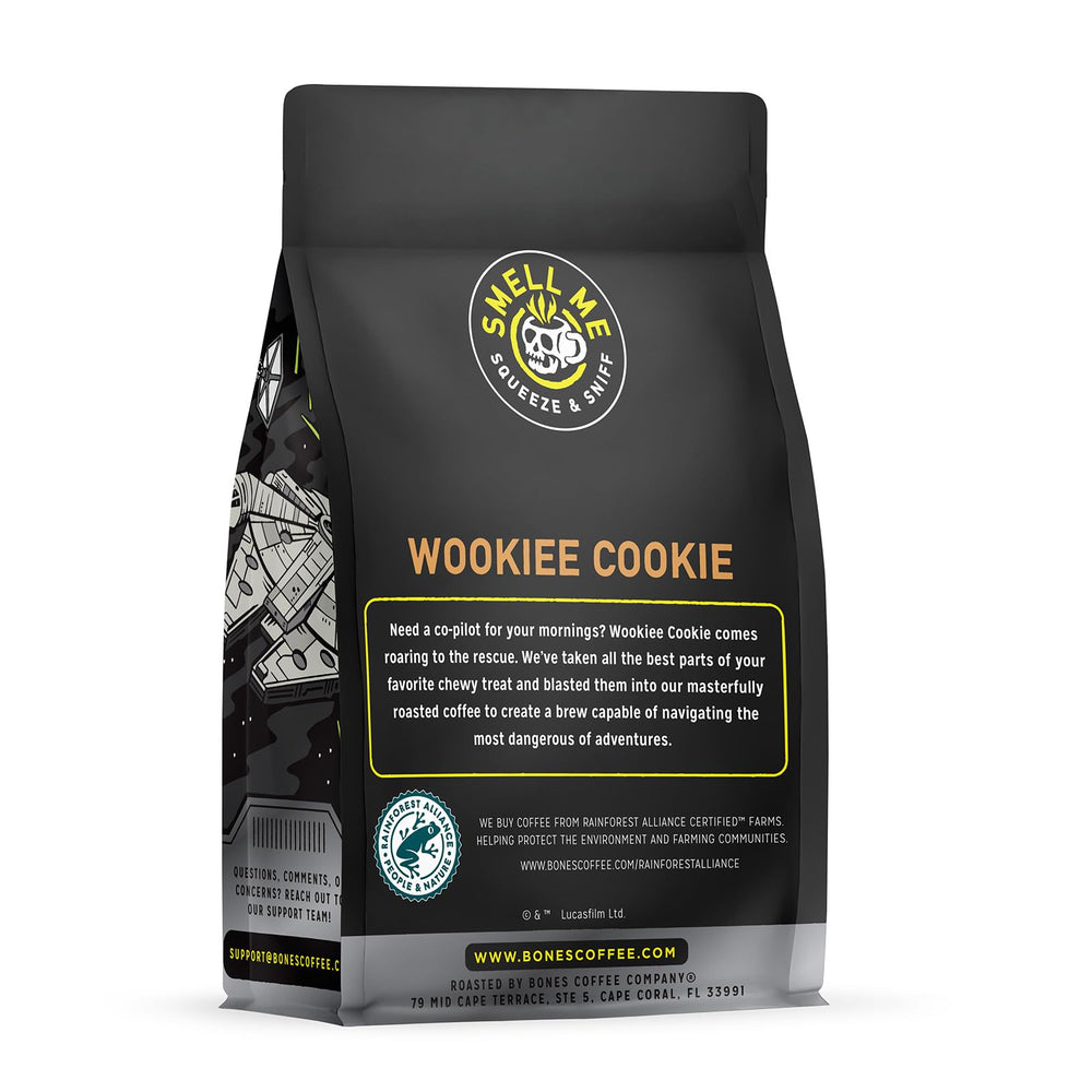 Bones Coffee Wookiee Cookie ground coffee in a resealable bag preserves freshness.