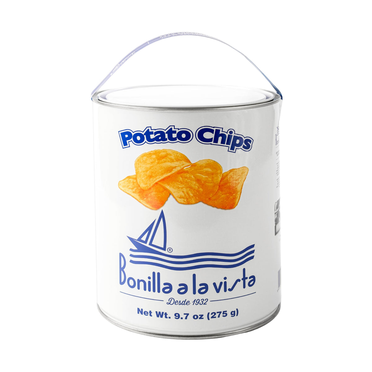 Bonilla a la Vista potato chips in 275g tin showcase premium texture for sharing
