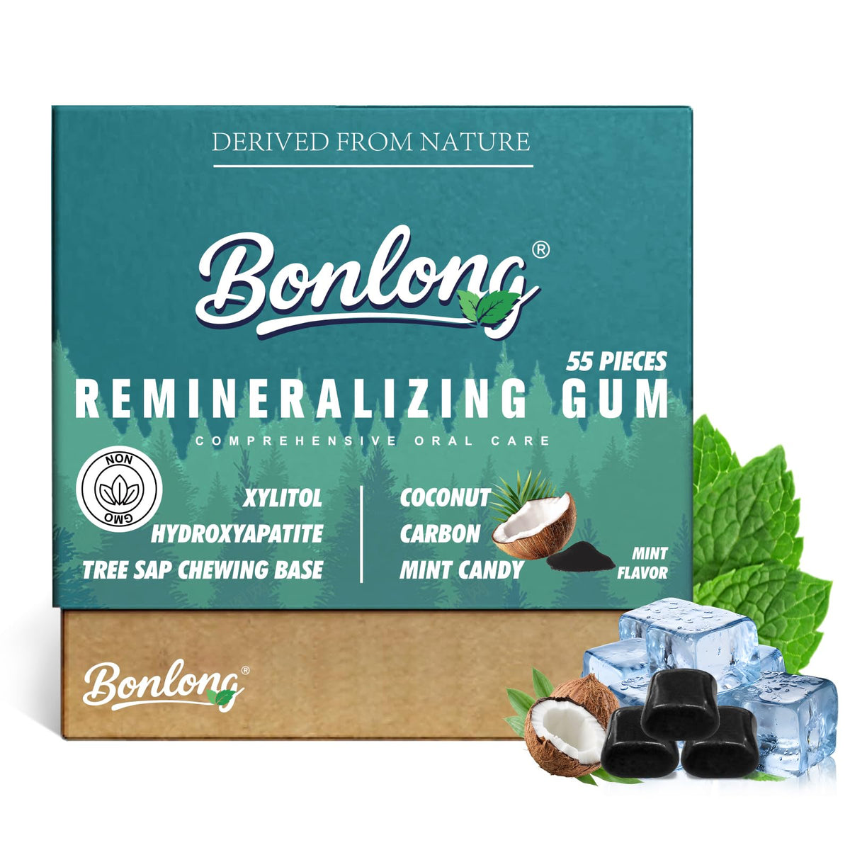 BONLONG remineralizing gum menthol packshot shows mint flavor and enamel-supporting daily chew.