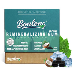 BONLONG remineralizing gum menthol packshot shows mint flavor and enamel-supporting daily chew.