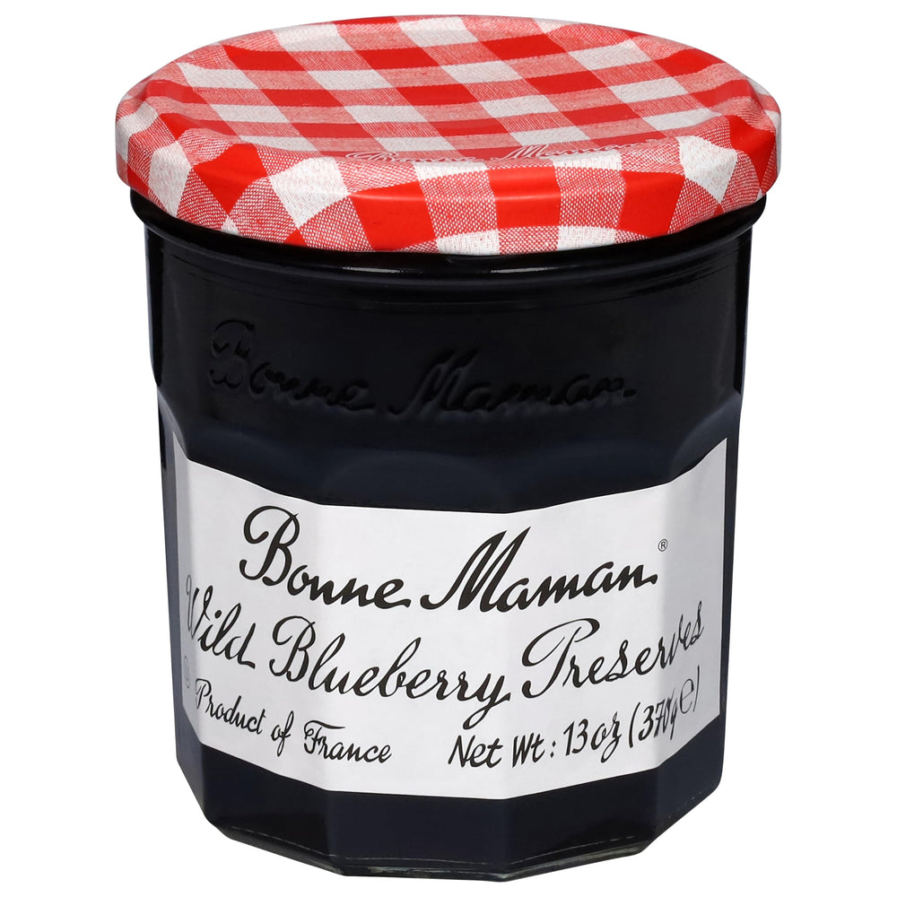 Bonne Maman blueberry preserves bottle with rich color, ideal for toast and desserts.