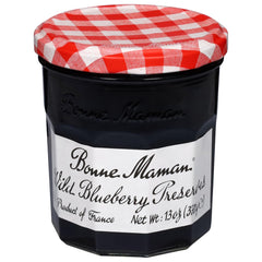 Bonne Maman blueberry preserves bottle with rich color, ideal for toast and desserts.