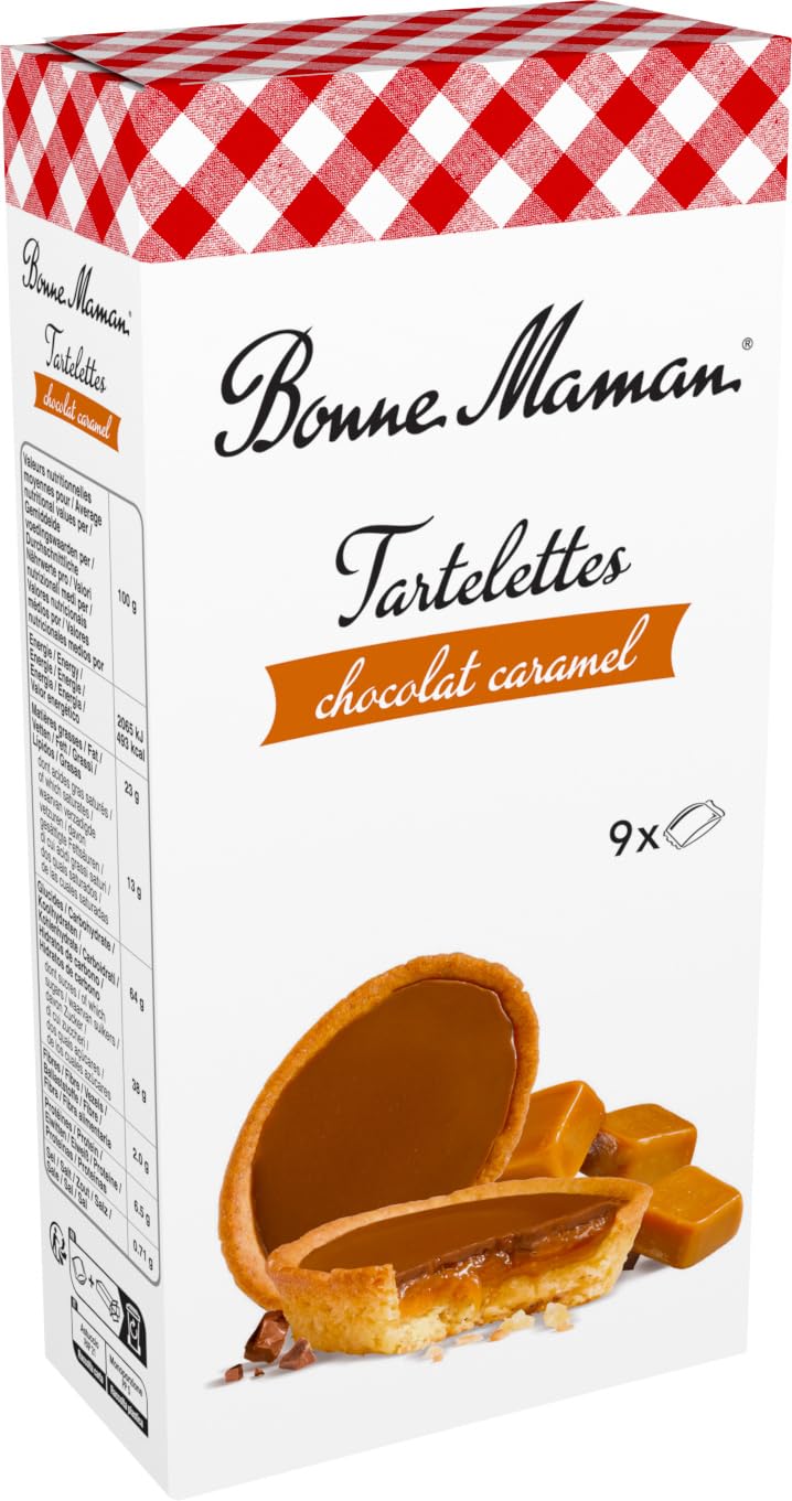 Bonne Maman Chocolate Caramel Tartlet pack shot showing an assortment of tartlets for tasting ideas