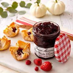 Bonne Maman Four Fruit Preserves cherry jar emphasizes bold flavor ideal on breakfasts.