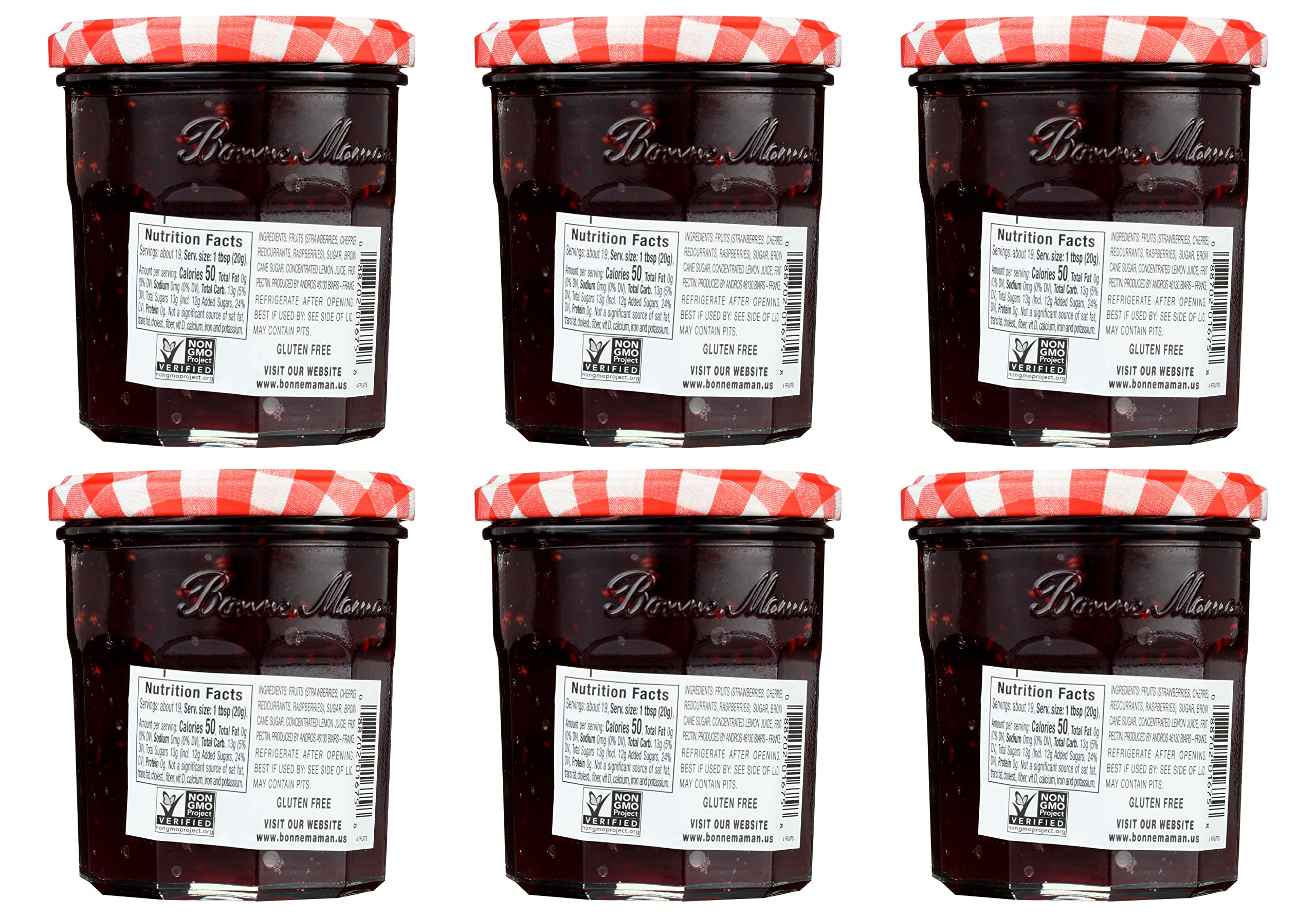 Bonne Maman Four Fruit Preserves strawberry close-up highlights ripe fruit and natural sweetness.
