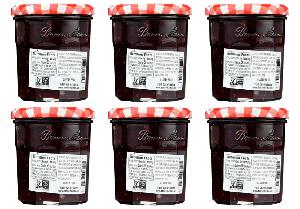 Bonne Maman Four Fruit Preserves strawberry close-up highlights ripe fruit and natural sweetness.
