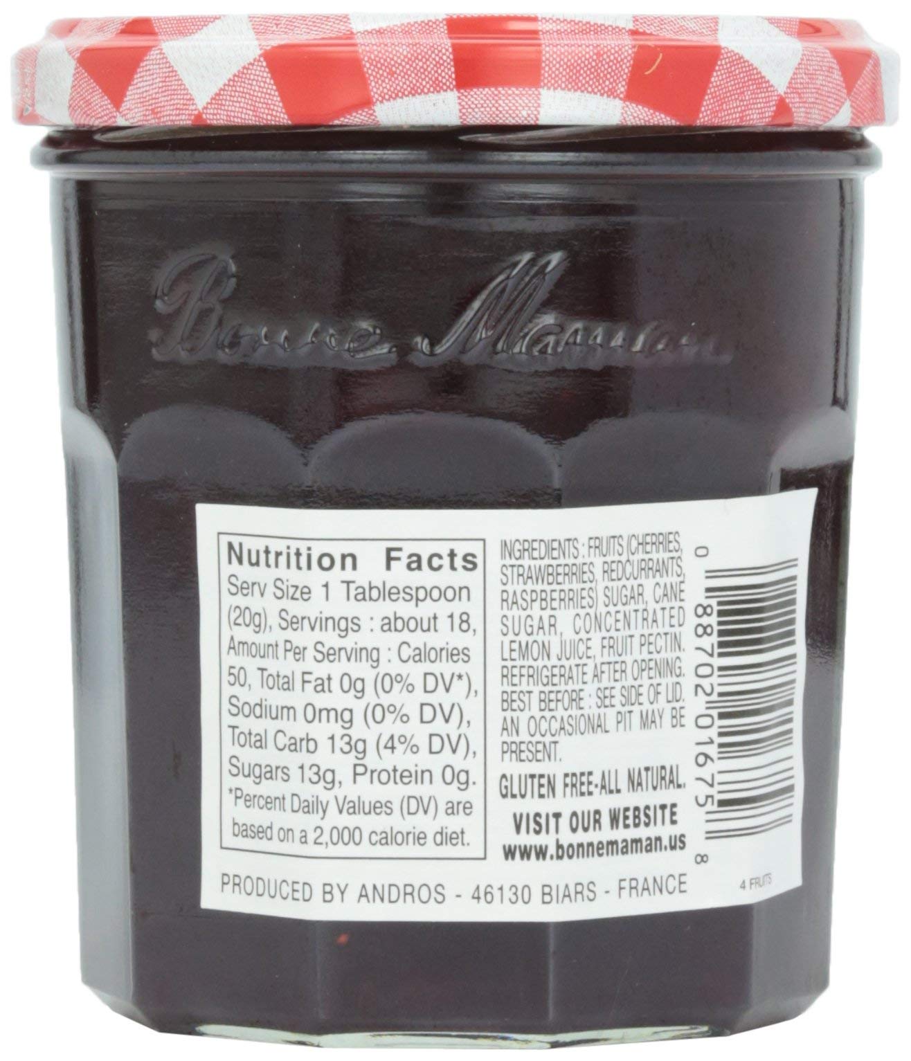 Bonne Maman four fruits ingredients closeup, highlighting natural fruit goodness.