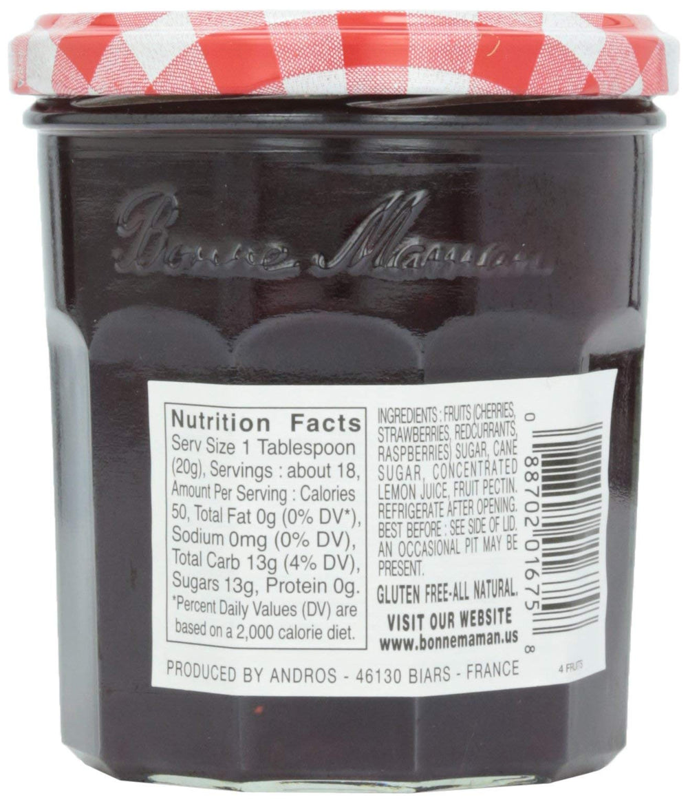 Bonne Maman four fruits ingredients closeup, highlighting natural fruit goodness.