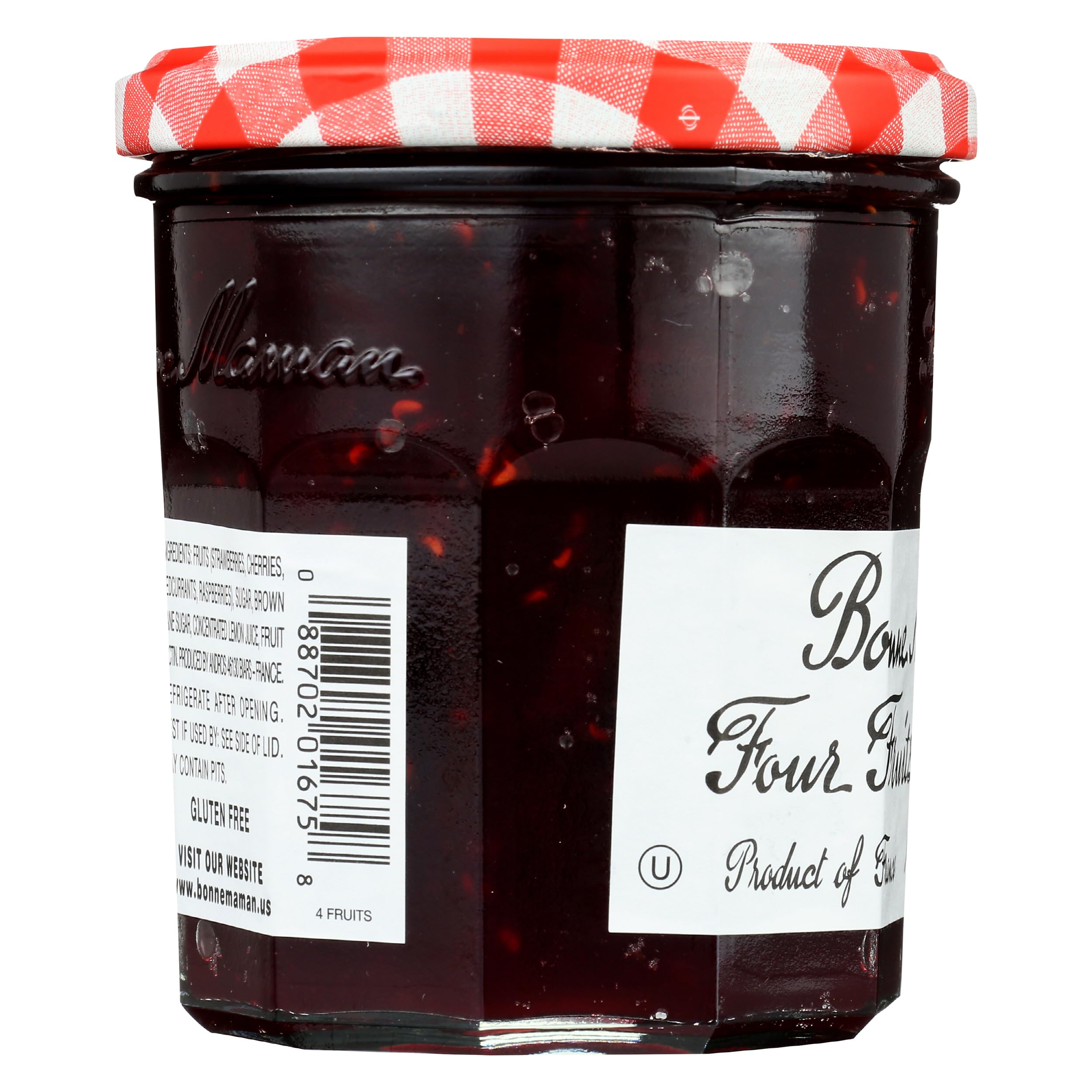 Bonne Maman Four Fruits Preserve jar in a cabinet, ready for daily use.