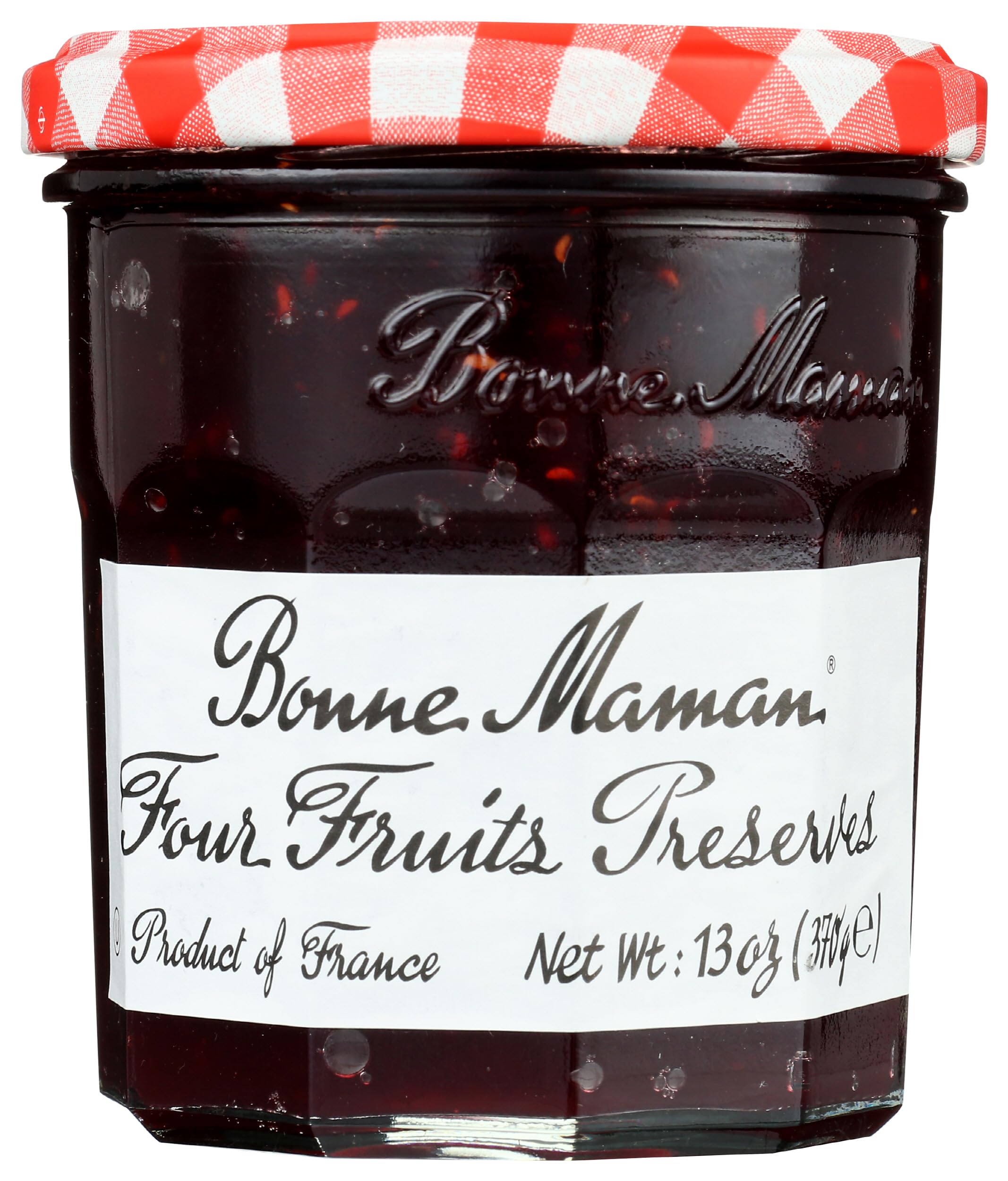 Bonne Maman Four Fruits Preserve jar front, ideal for a vibrant breakfast spread.