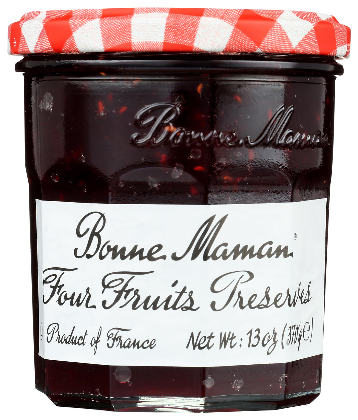 Bonne Maman Four Fruits Preserve jar front, ideal for a vibrant breakfast spread.