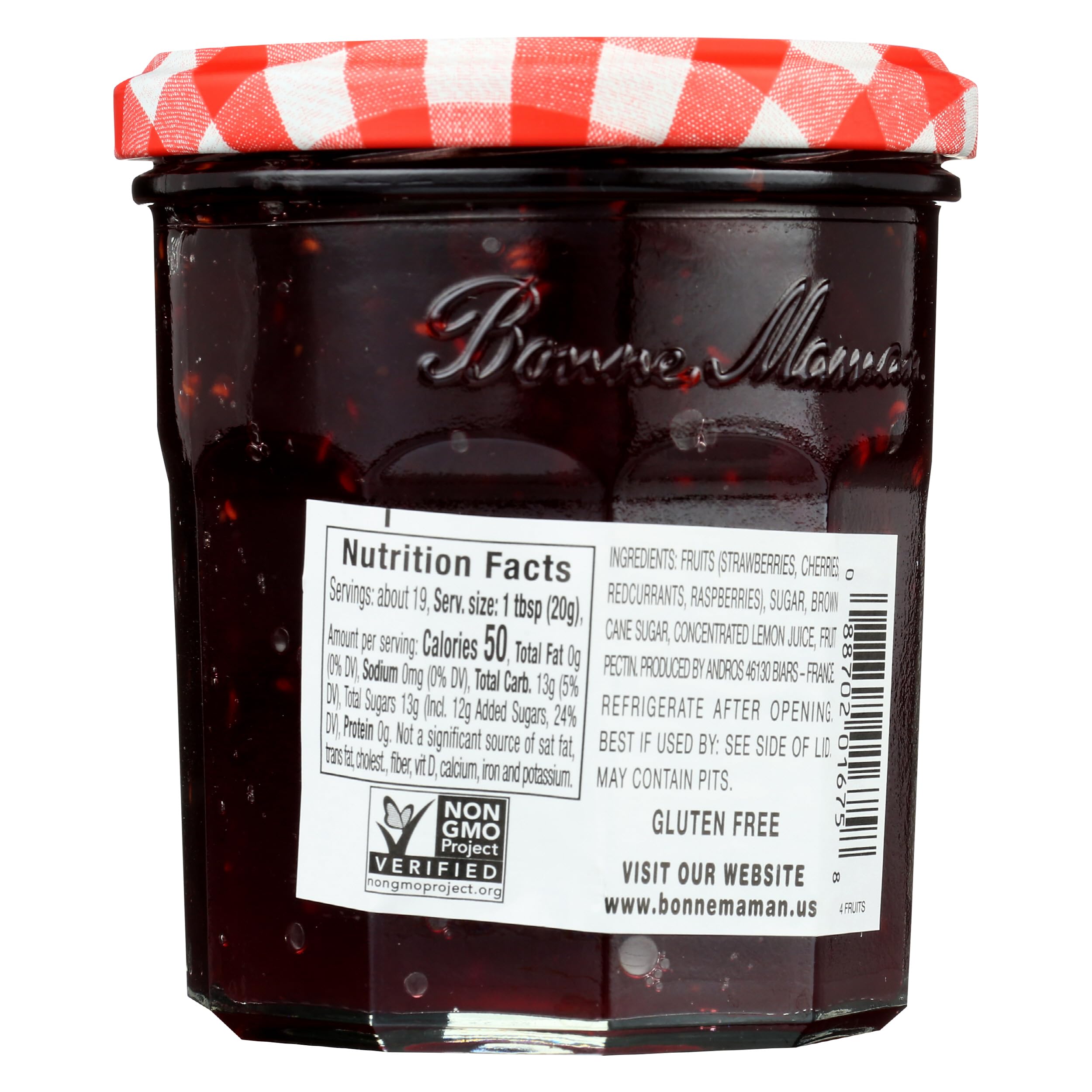 Bonne Maman Four Fruits Preserve label closeup, showcasing juicy fruit blend for toast.