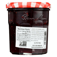 Bonne Maman Four Fruits Preserve label closeup, showcasing juicy fruit blend for toast.