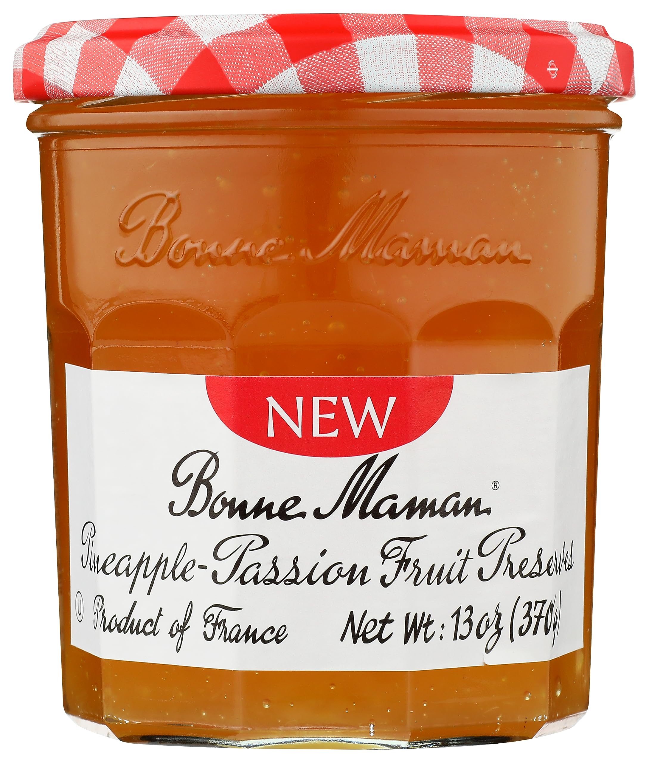 Bonne Maman mango-peach preserves jar closeup with glossy fruit pieces