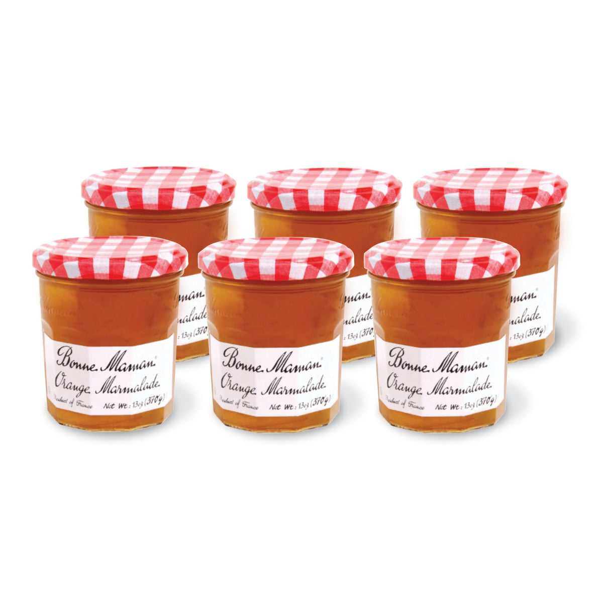 Bonne Maman orange marmalade six-pack jars, ideal for bright breakfasts.