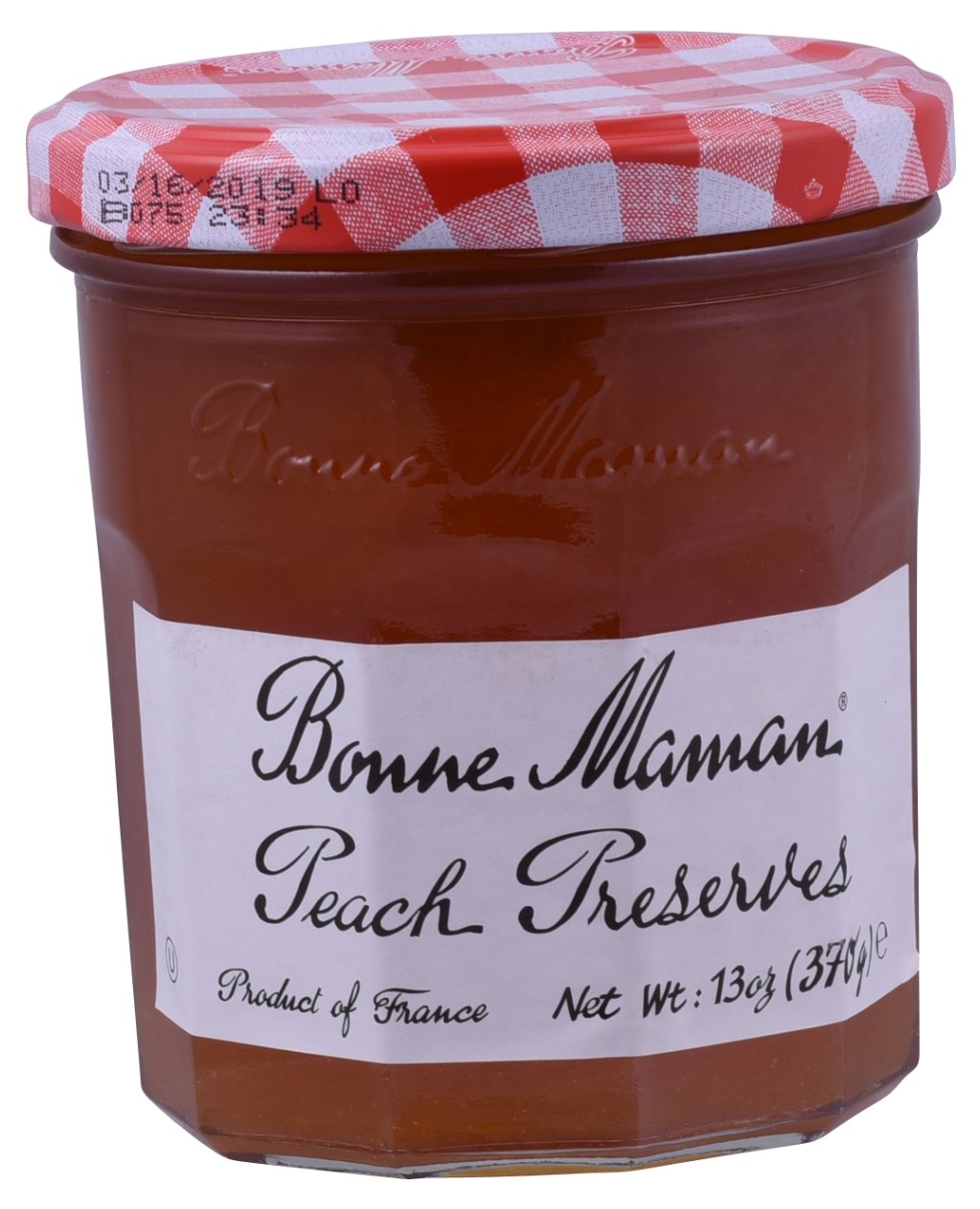 Bonne Maman Peach Preserve jar showing rich color, ideal for breakfast spreads.