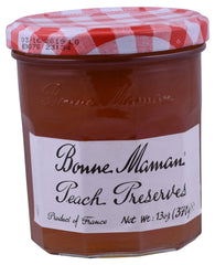 Bonne Maman Peach Preserve jar showing rich color, ideal for breakfast spreads.