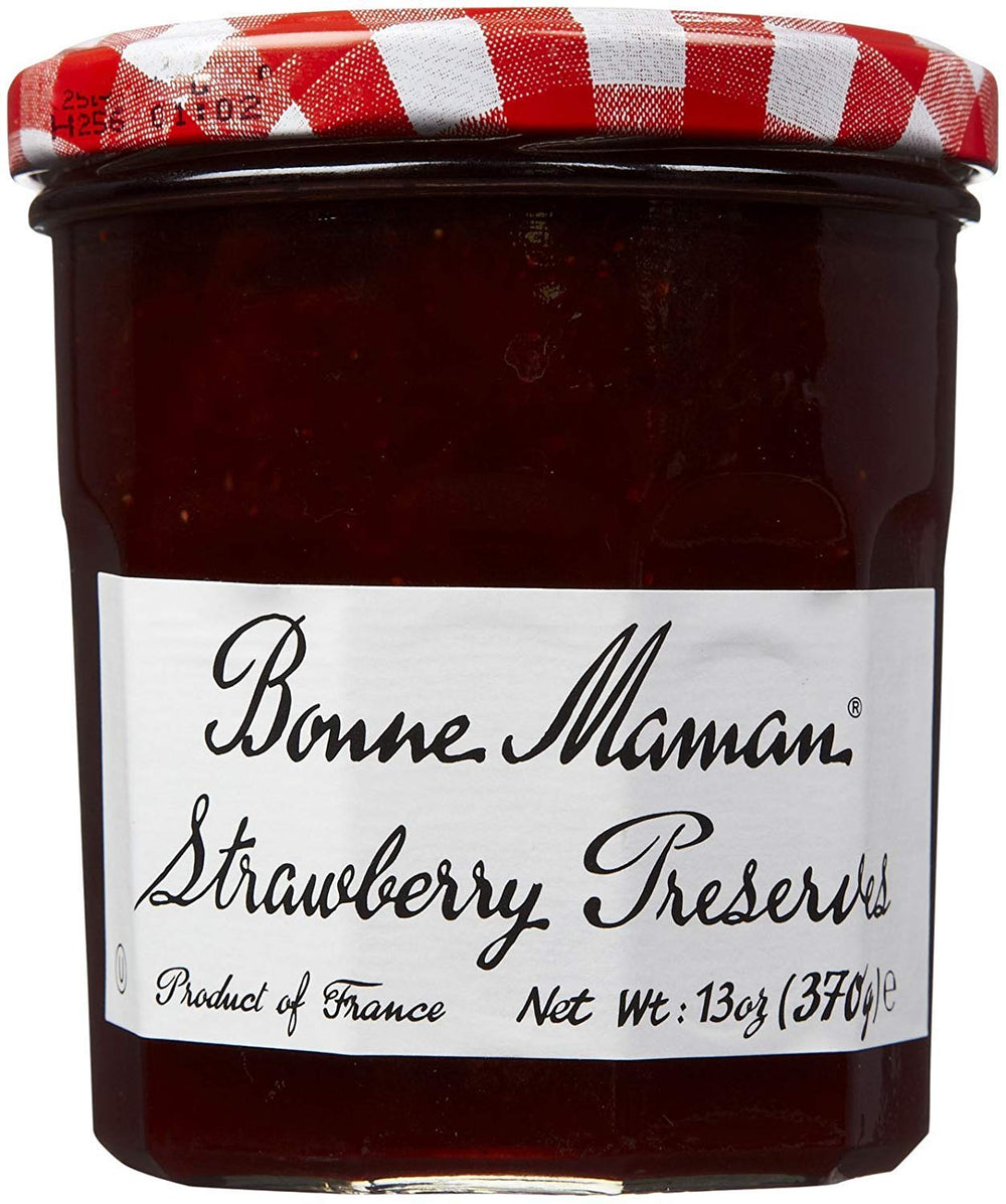 Bonne Maman Strawberry Preserve jar highlighting real fruit flavor for toast and pastries.